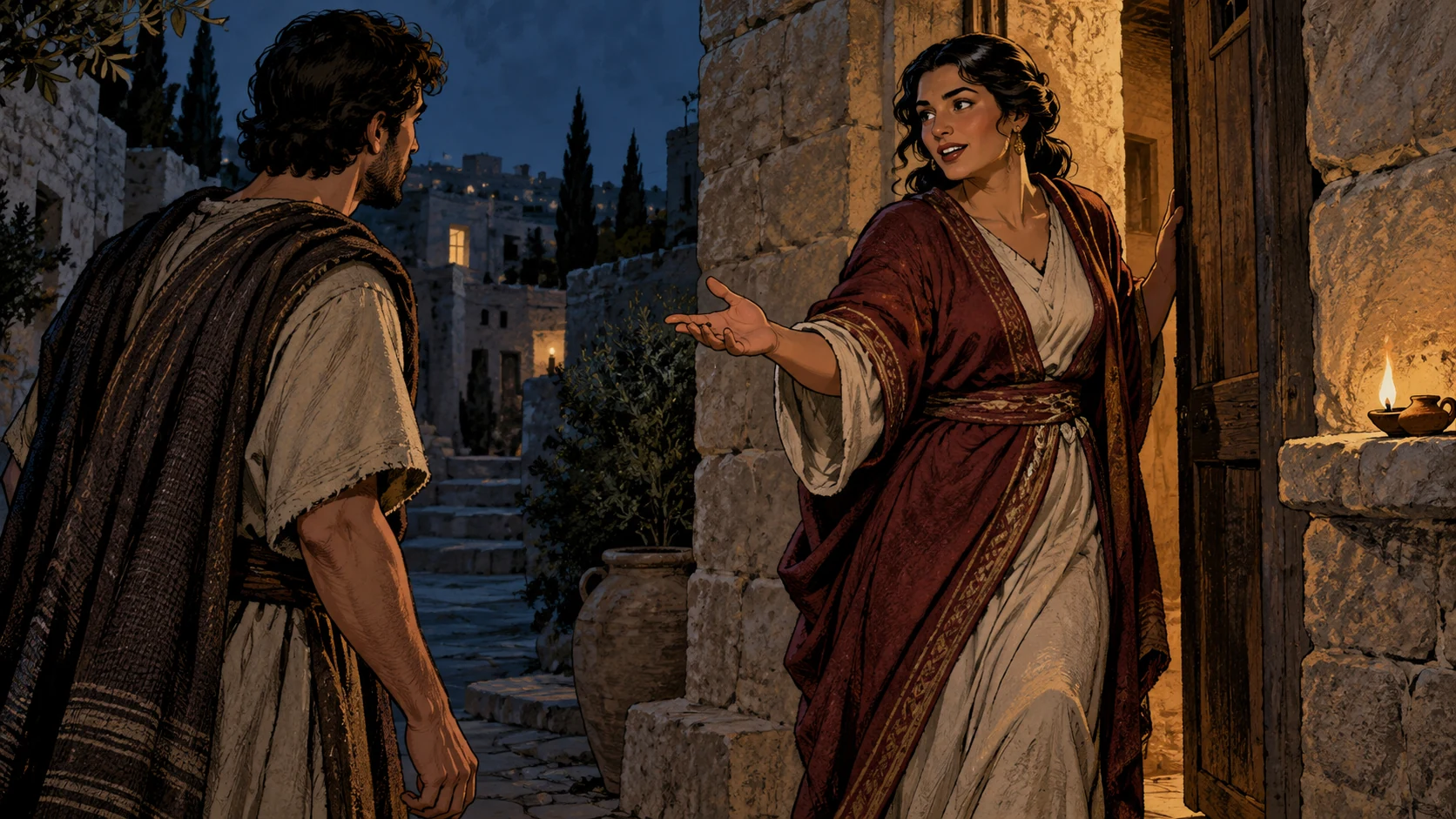 A fully clothed adult woman gestures emphatically toward an adult listener beside a doorway.
