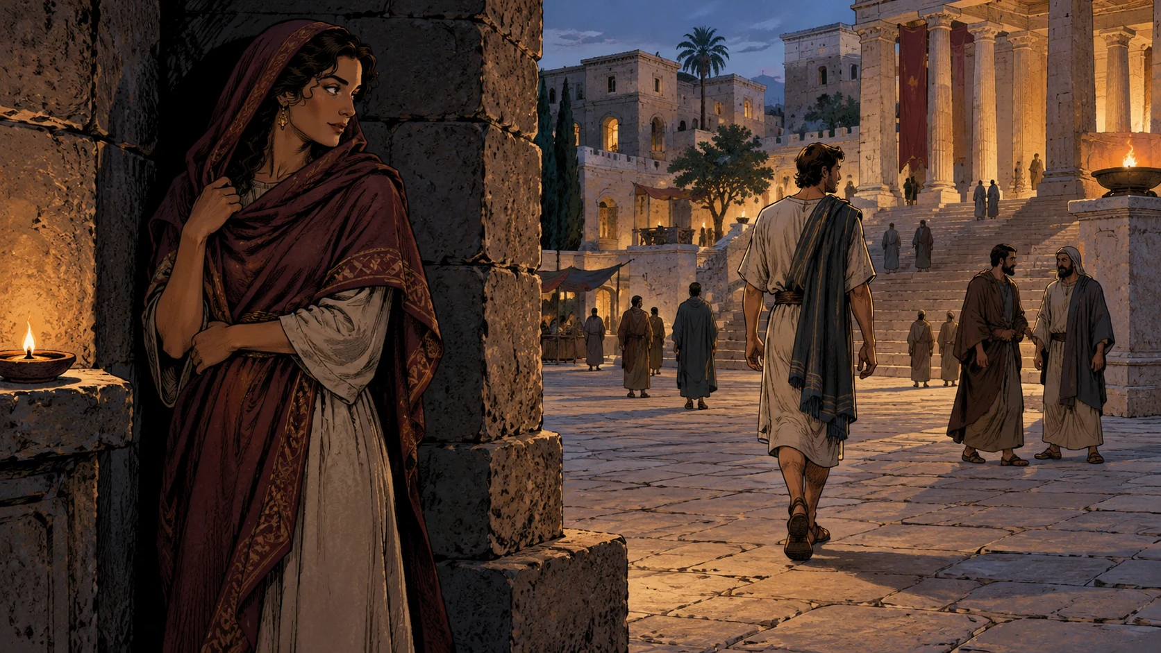 An adult woman waits near a corner while several grown people pass through the public square beyond.