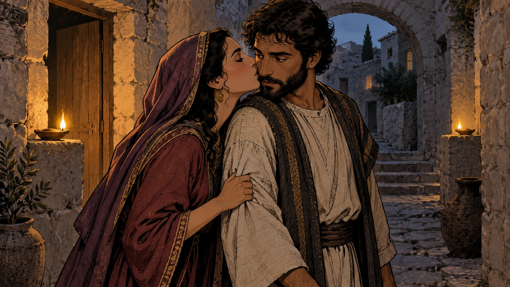 A fully clothed adult woman holds an adult man’s sleeve and kisses his cheek.