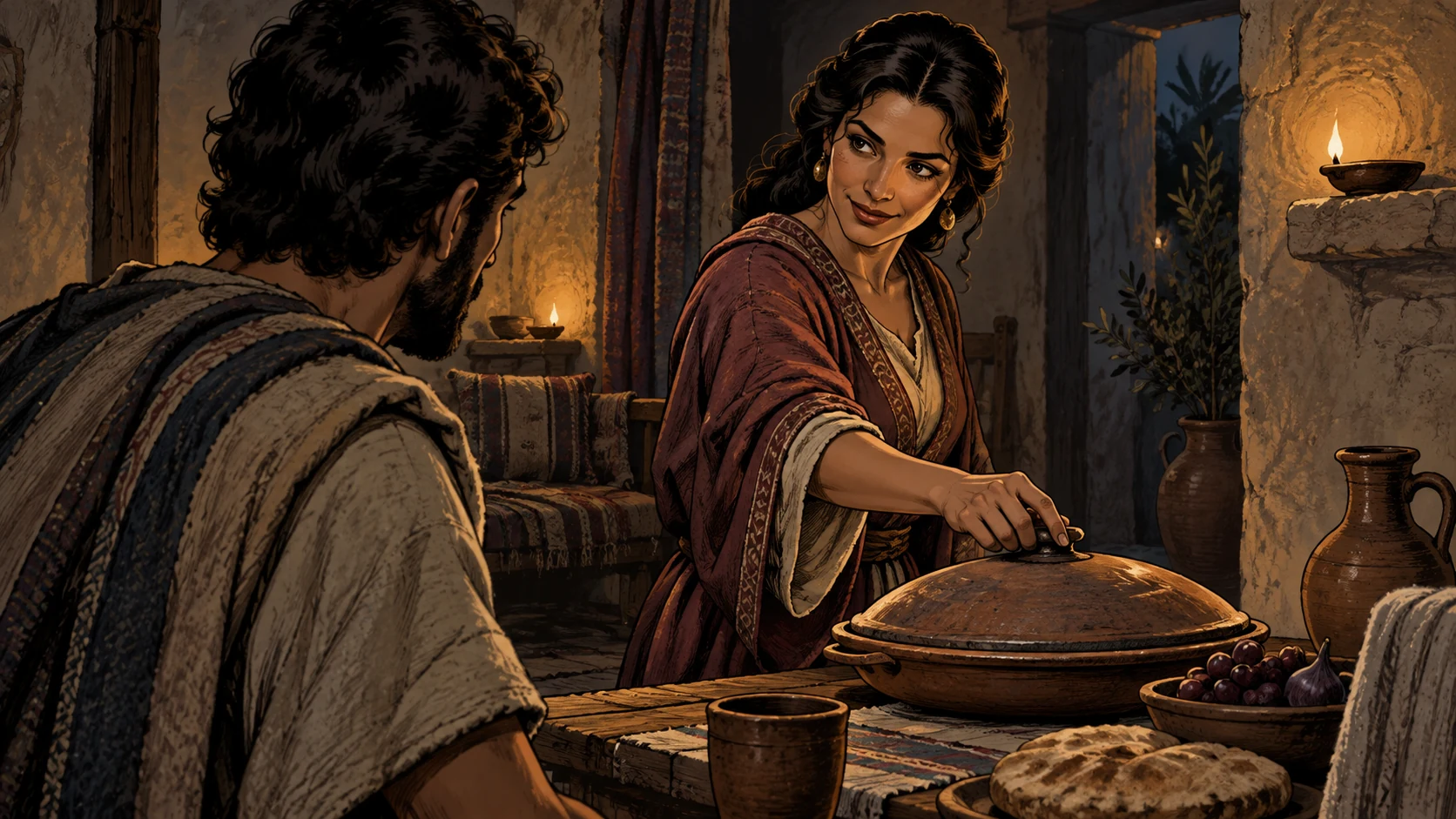An adult woman rests her hand on a covered food platter as an adult listener faces her.