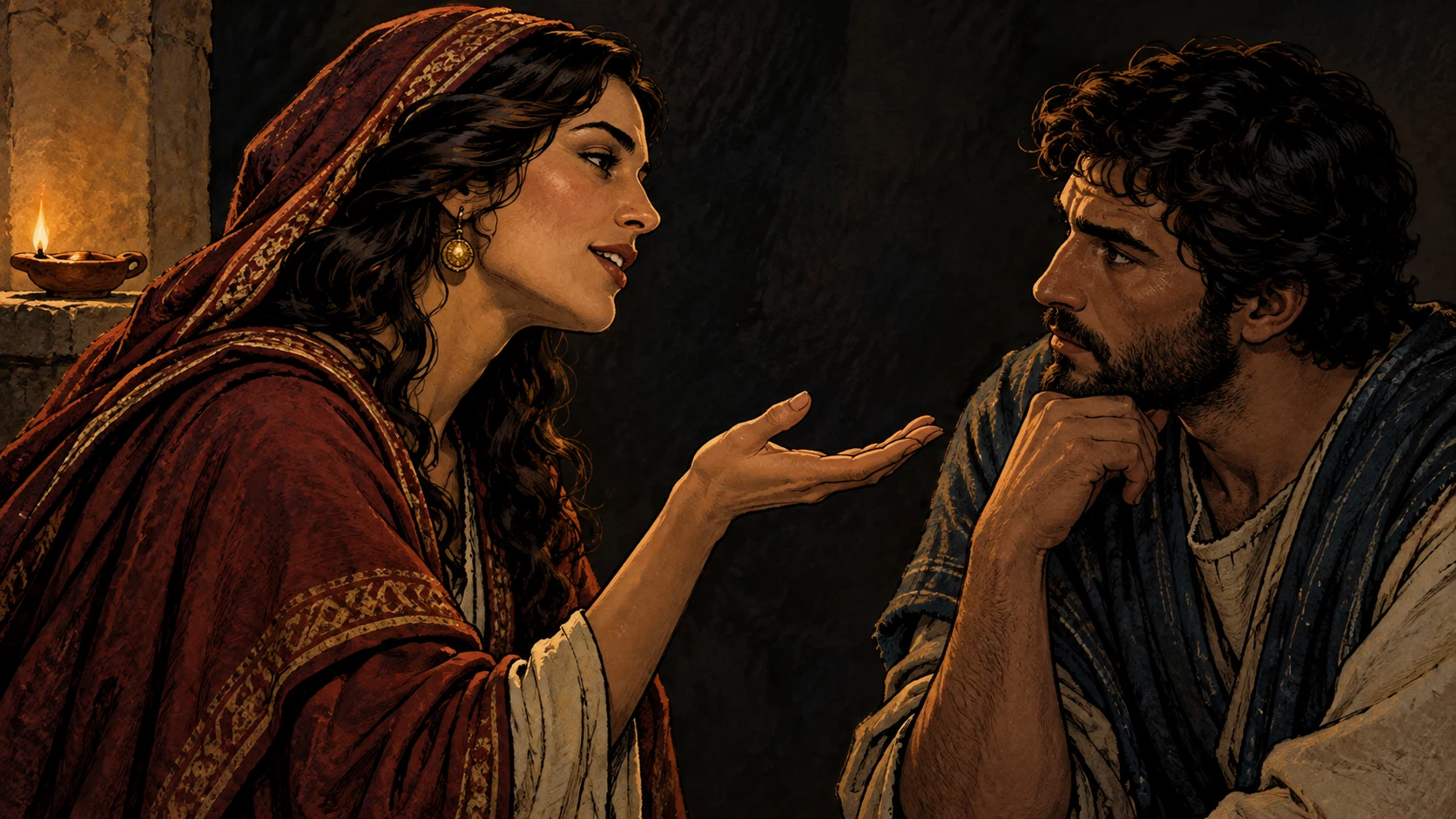 A clothed adult woman speaks with an open palm toward an attentive adult man in close profile view.