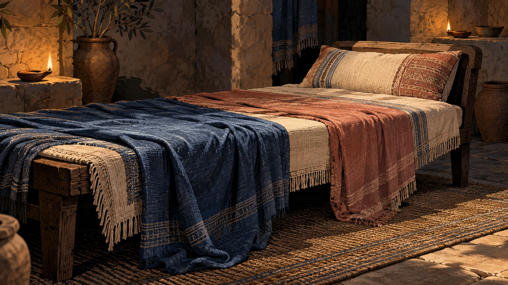 An empty wooden couch is covered in striped woven cloth with pillows and draped linen.