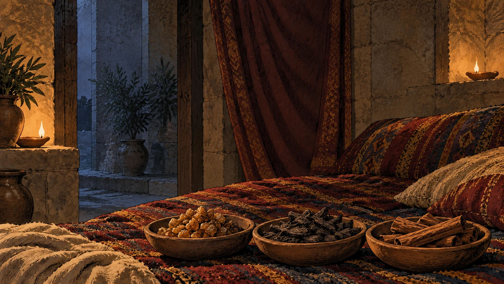 Three plain bowls of amber resin, dark wood chips and cinnamon bark rest on woven bedding.