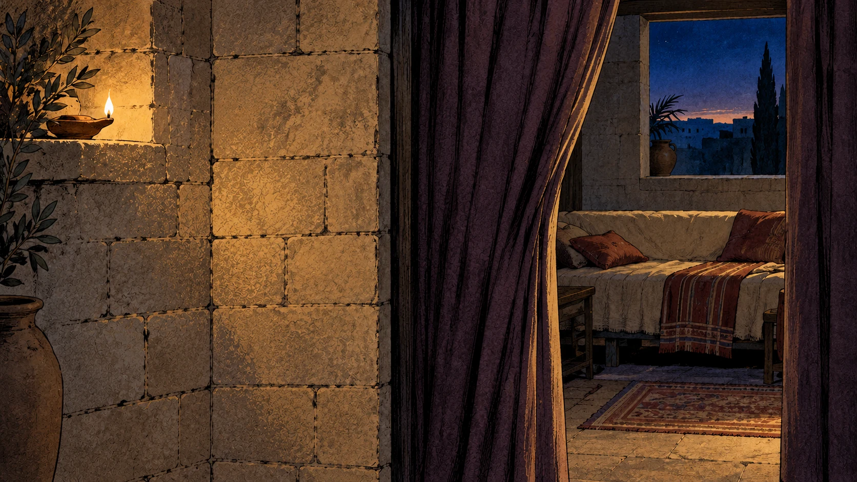 An empty covered couch is visible beyond a half-open curtain, with night-blue sky and a narrow warm horizon through the window.