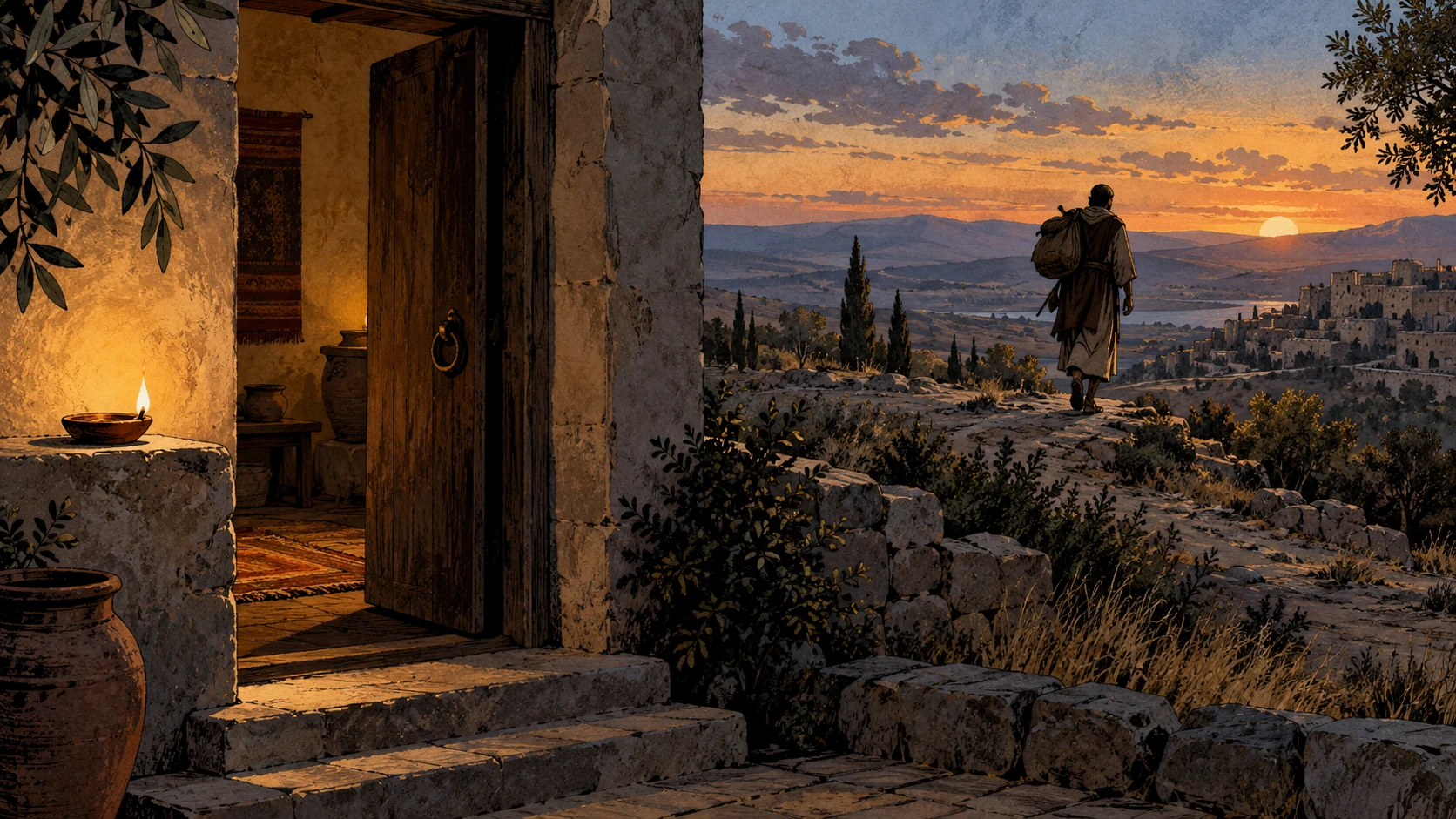 An empty house threshold faces a distant lone adult traveler on a long rural road.