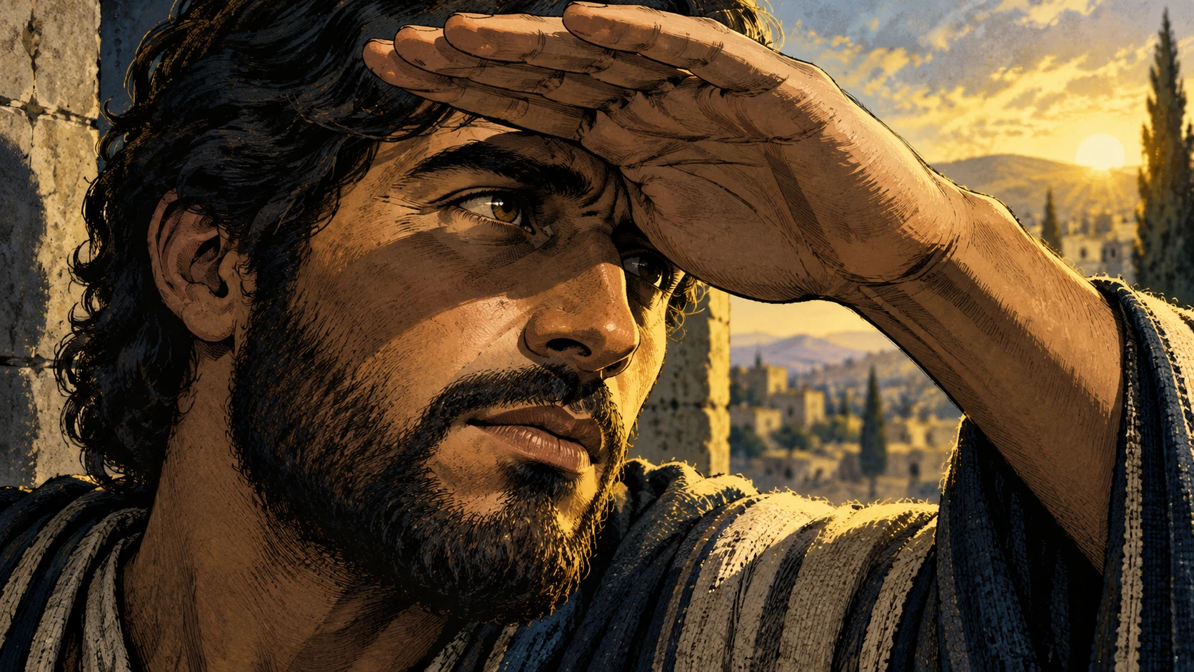 An adult man shades his eyes with one hand while looking toward the light.