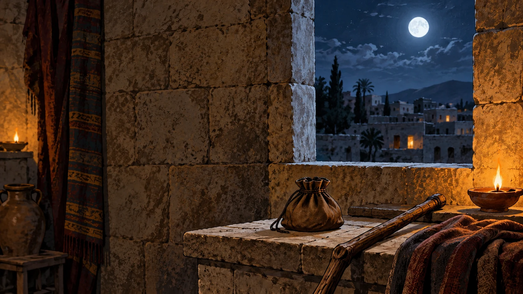 A tied money pouch, walking staff and woven travel cloak rest beneath a full moon visible through a stone window.