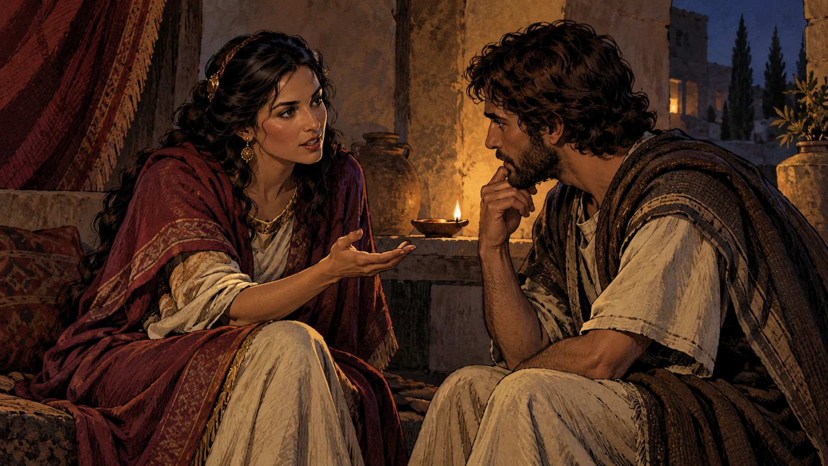 An adult woman speaks with an open hand while a fully clothed adult man leans toward her attentively.