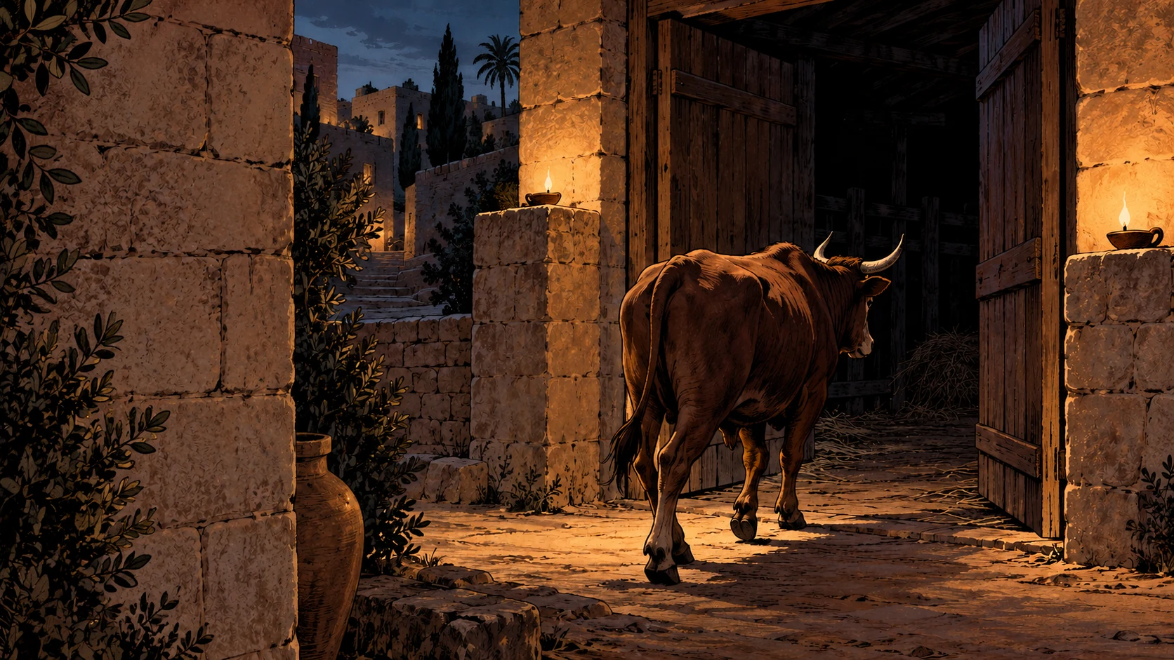 A lone ox steps toward a dark open wooden gate along a stone passage.