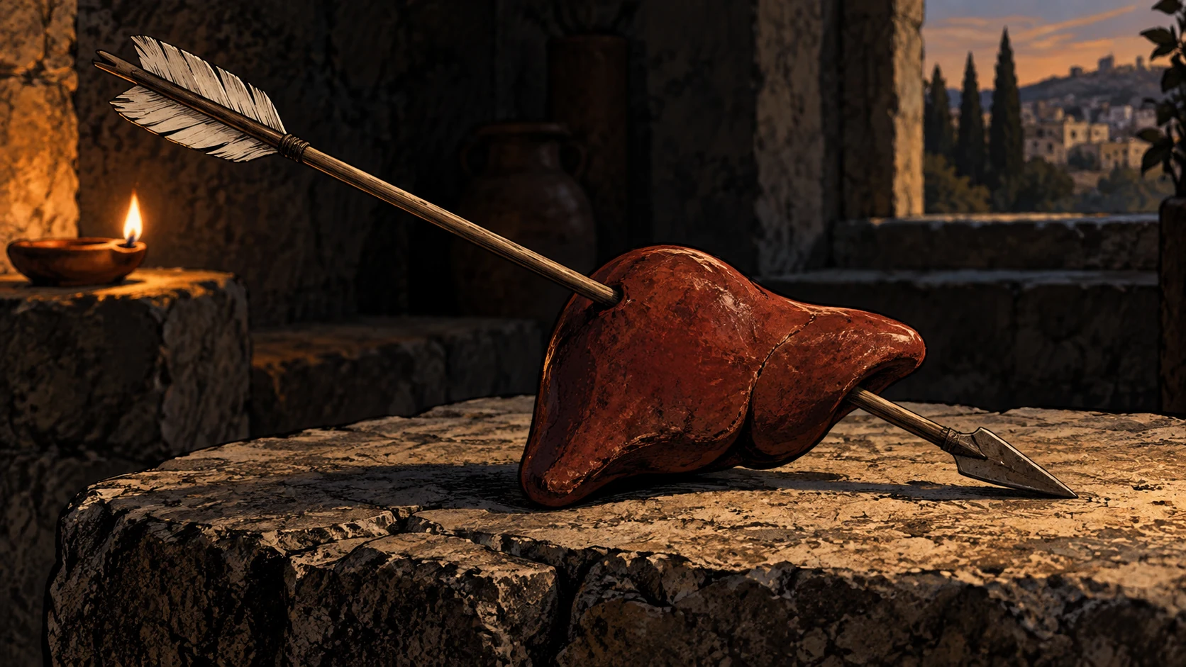 A wooden arrow passes through a solid clay liver-shaped teaching object on a stone table.
