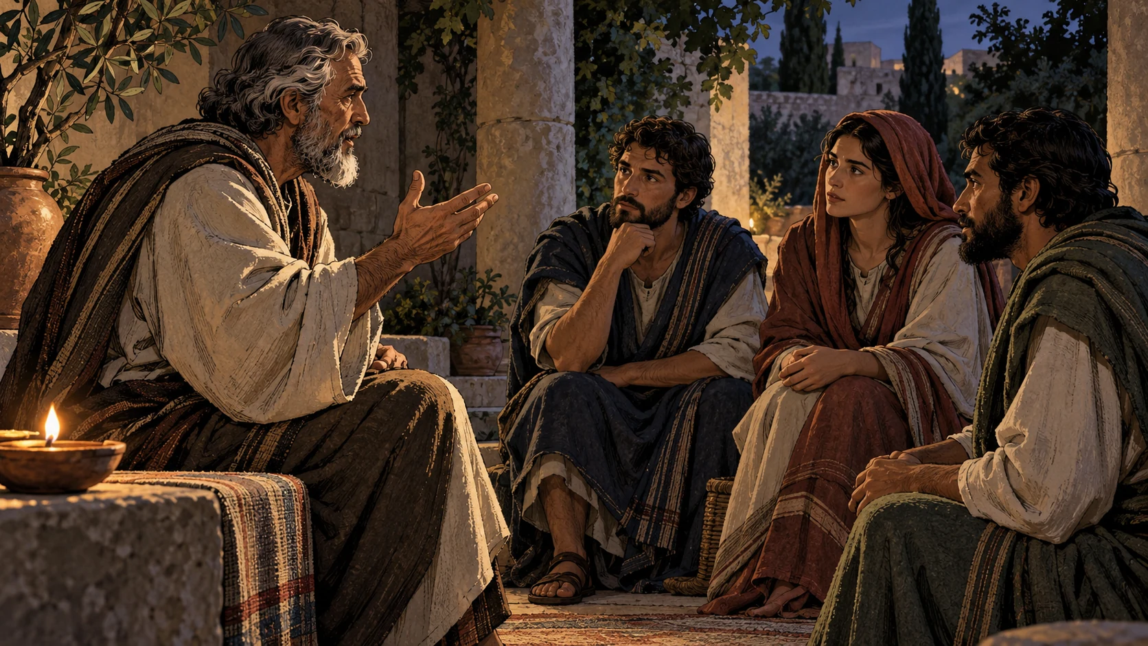A gray-haired elder addresses three attentive grown listeners with an open hand in a courtyard.