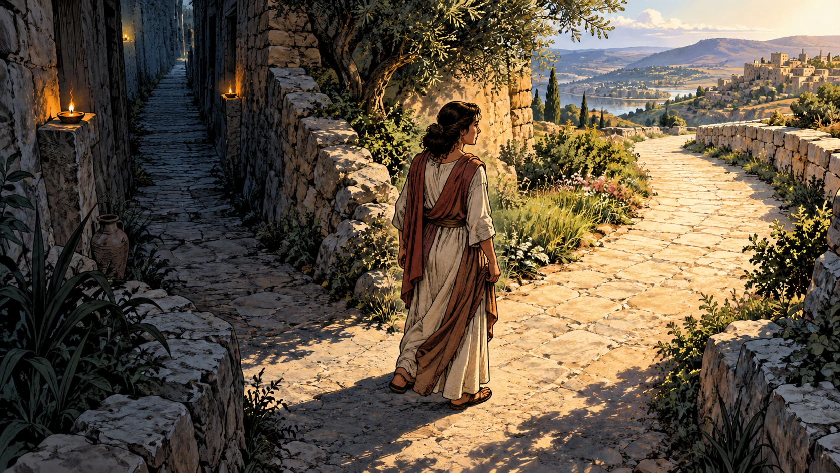 A lone clothed adult woman pauses at a fork between a dark narrow alley and a bright open road.