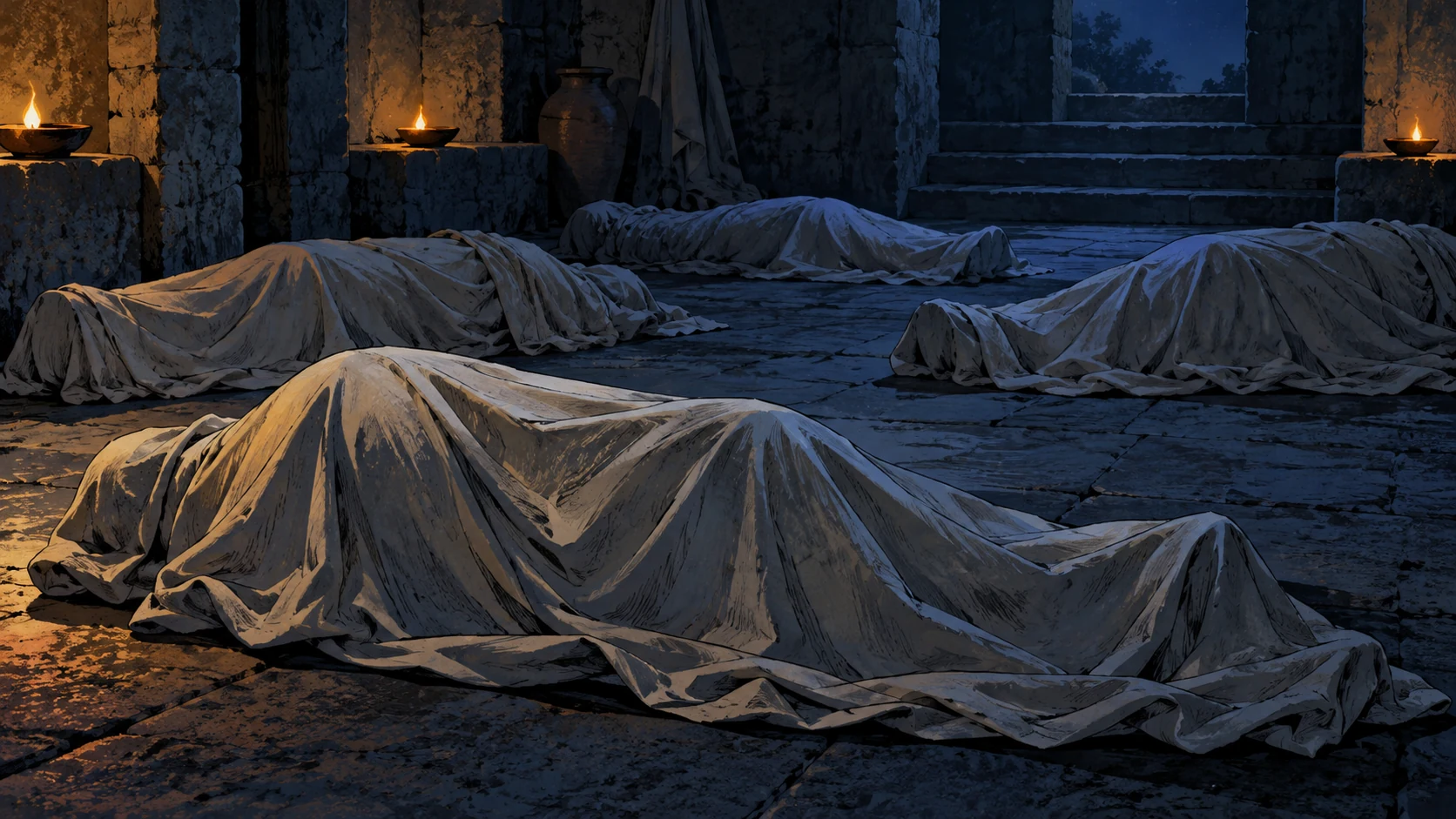 Several fully covered adult-sized shrouded forms lie quietly in a dim blue stone chamber.