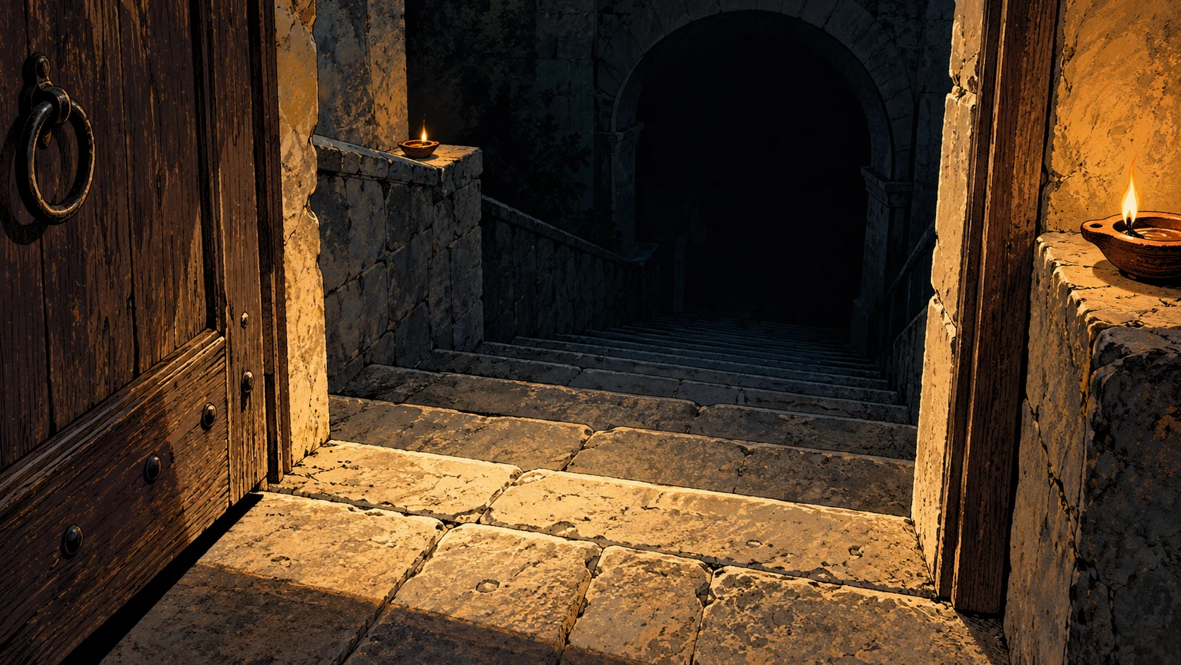 An empty stone doorway opens onto a long staircase descending into a dark arch.