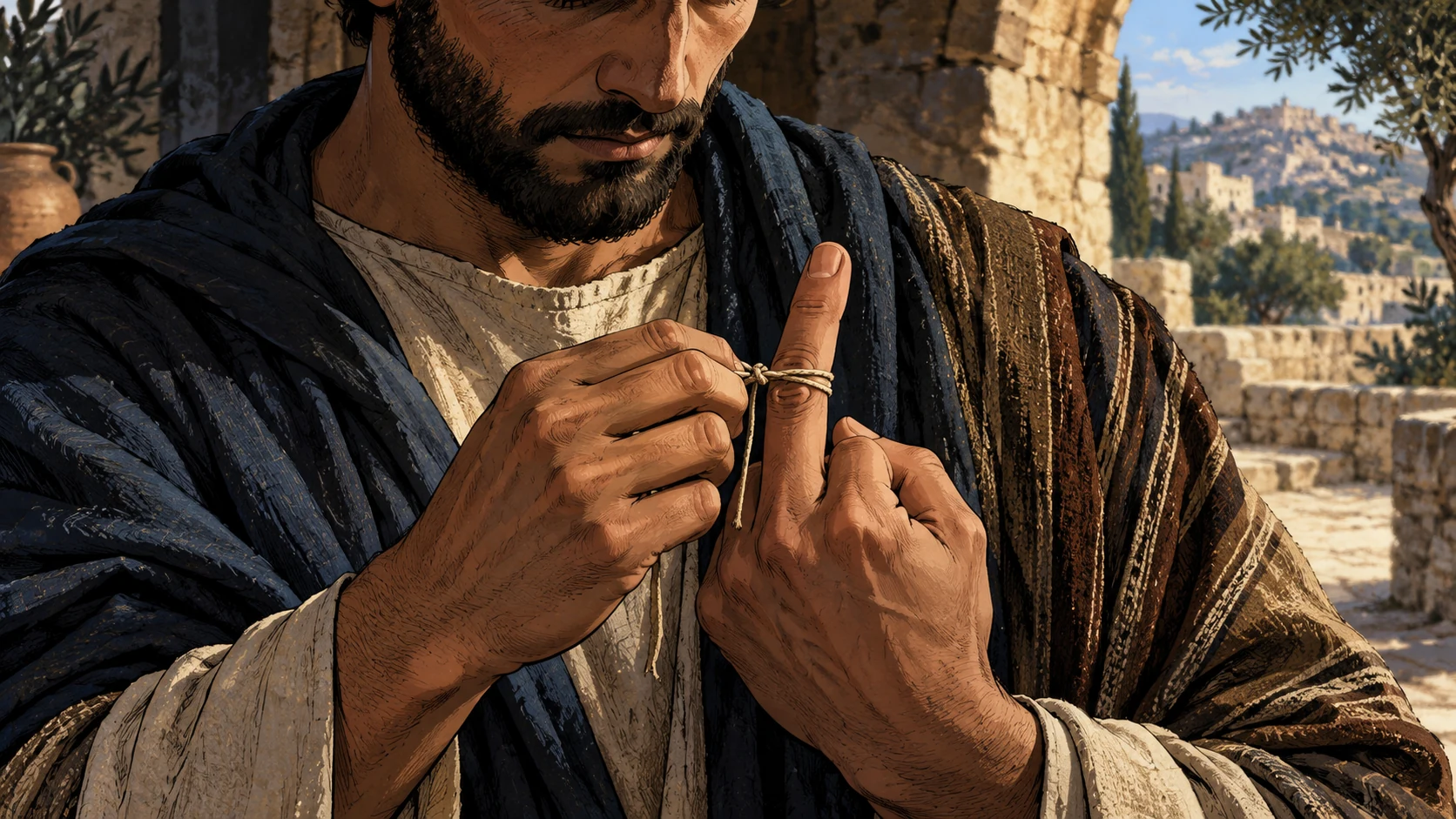 An adult man holds a plain cord near his fingers and clothed chest.