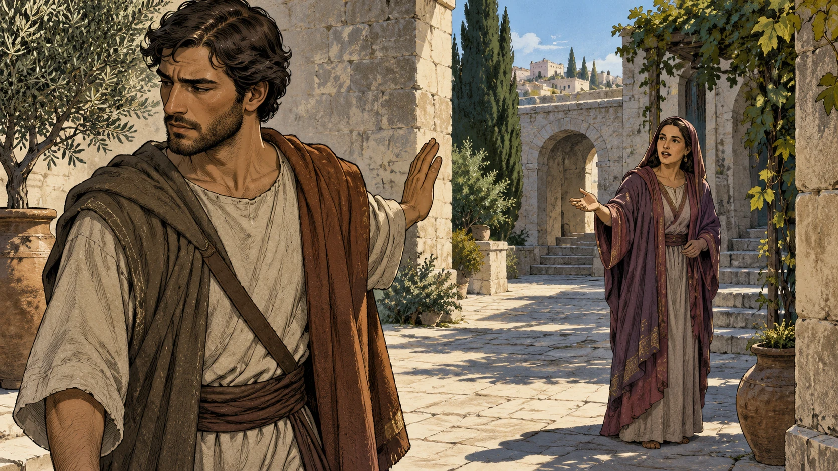 A clothed adult man turns away with a raised palm while a woman stands farther behind him.