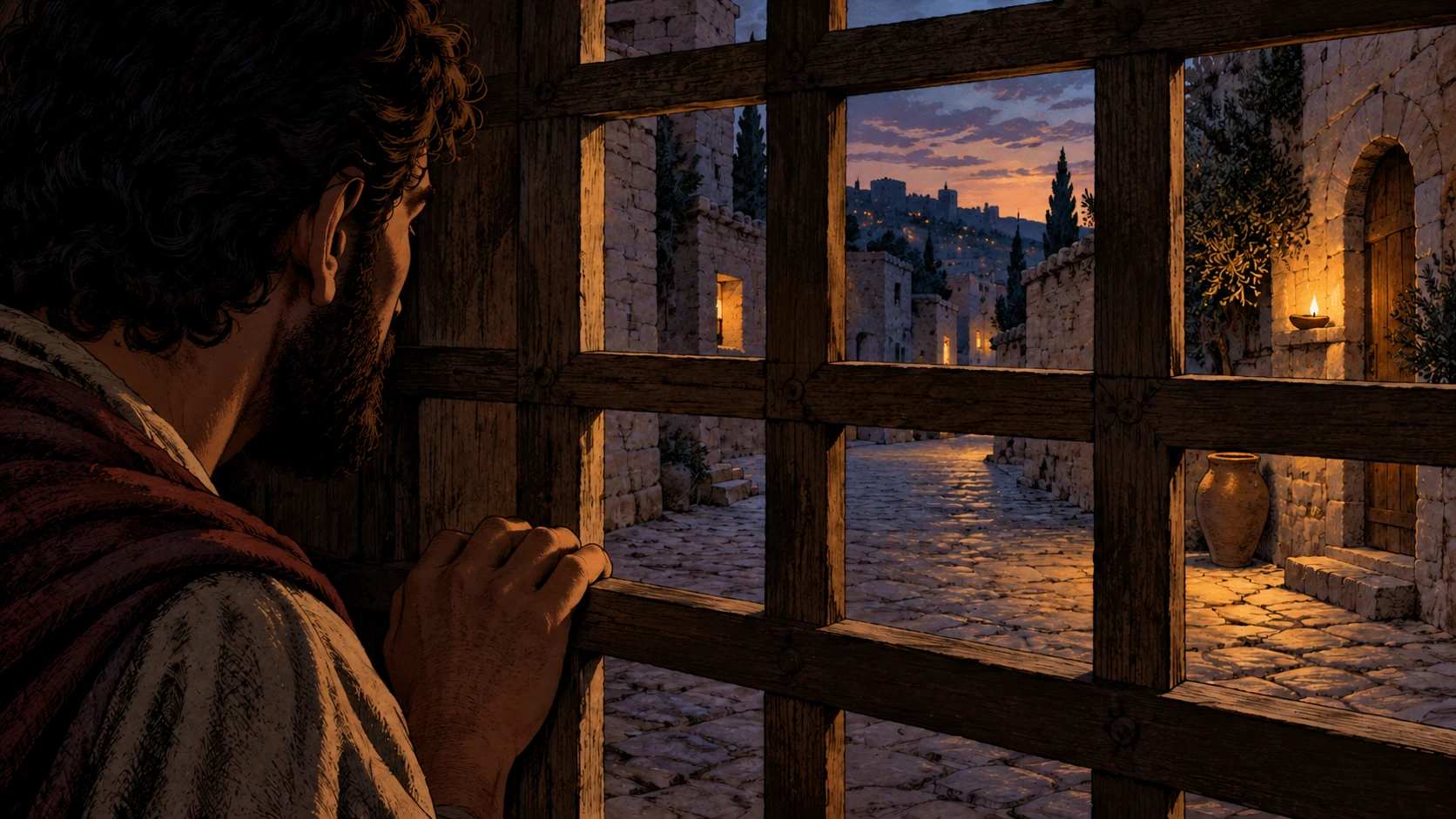 An adult observer looks through a wooden lattice toward an empty twilight street.