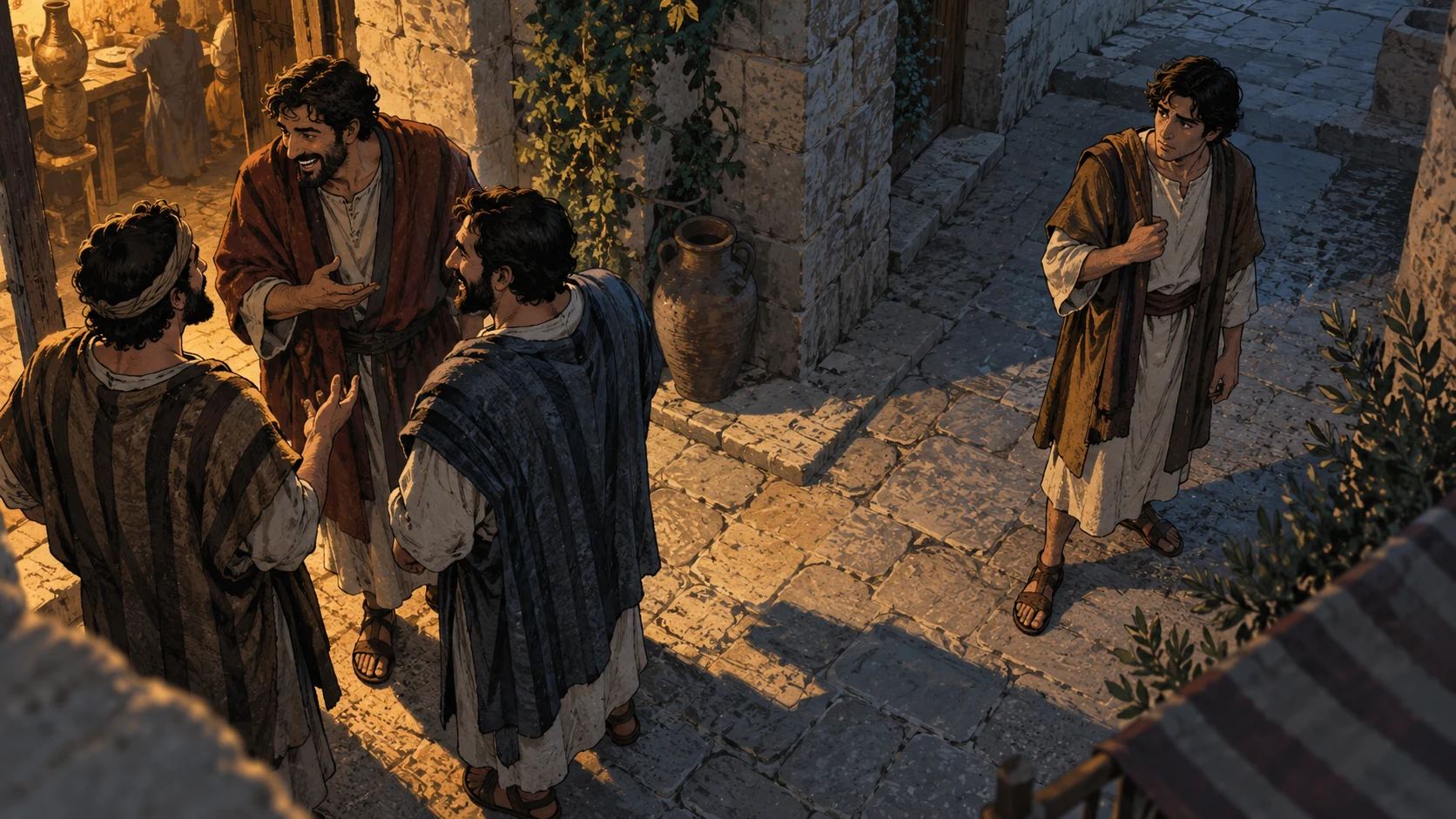 A young adult man stands apart from three other grown men in a stone street viewed from above.