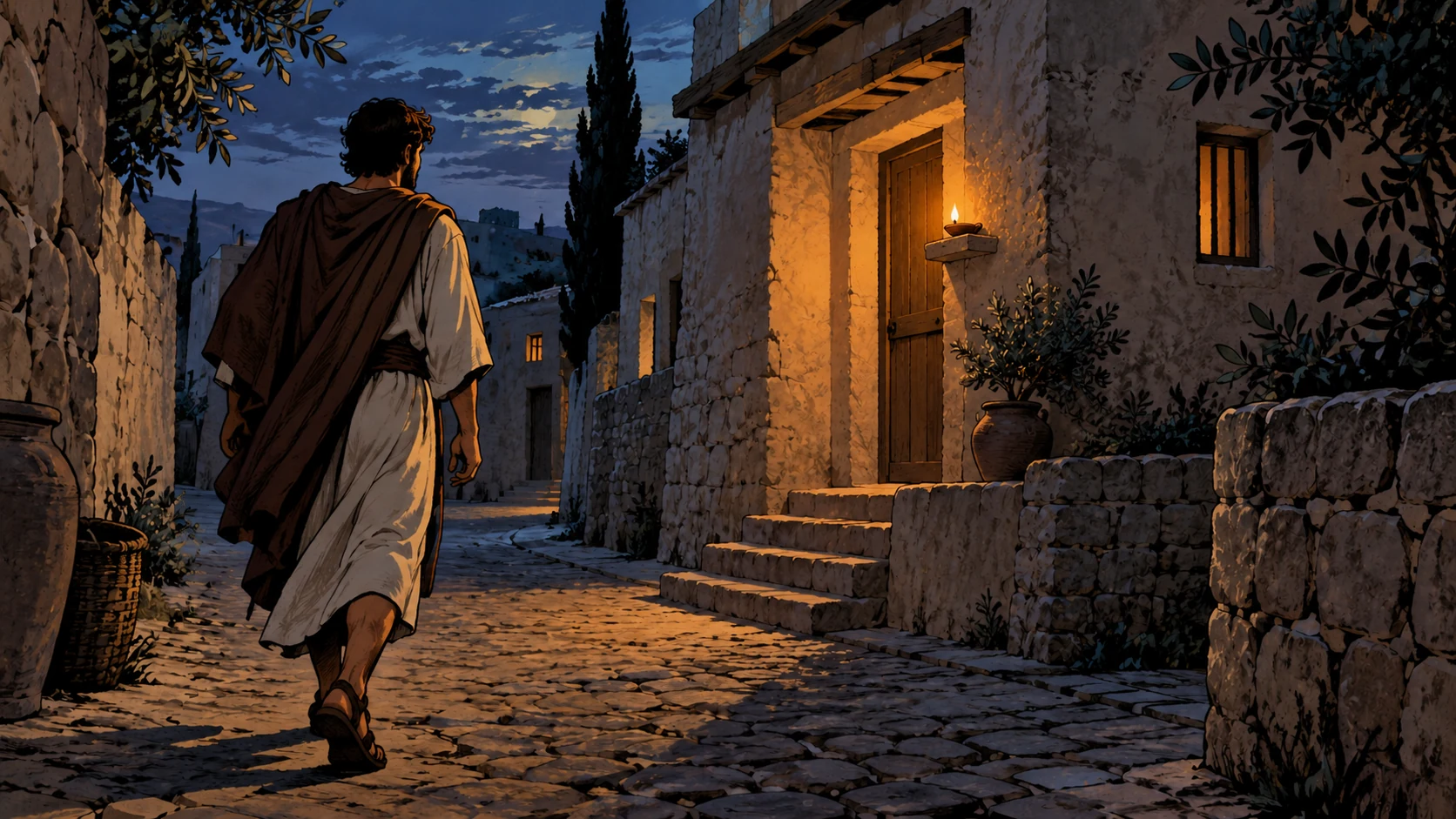 A lone adult man walks along a narrow street toward a lamplit house at a corner.