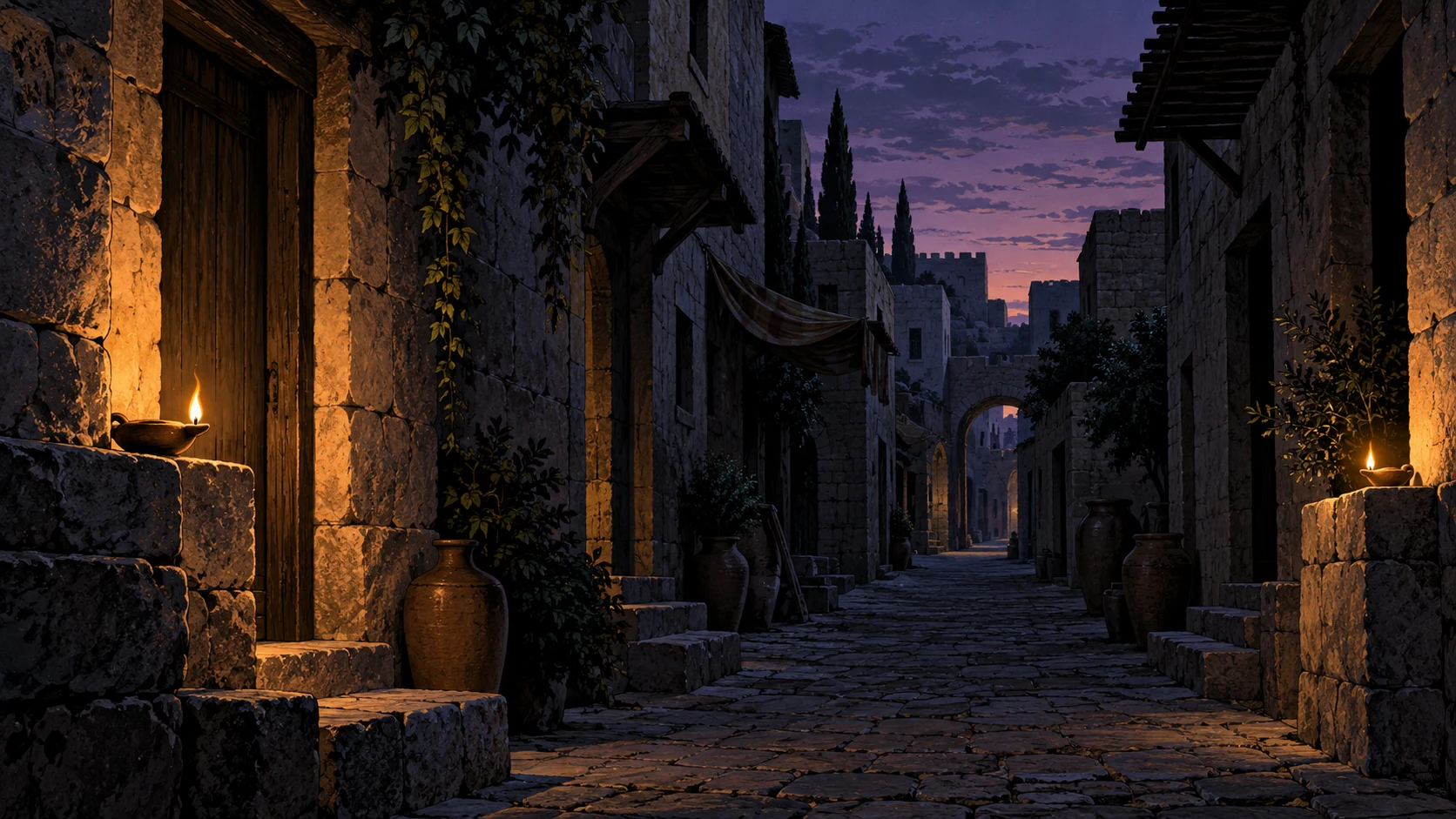 An empty stone street darkens beneath a violet twilight sky.