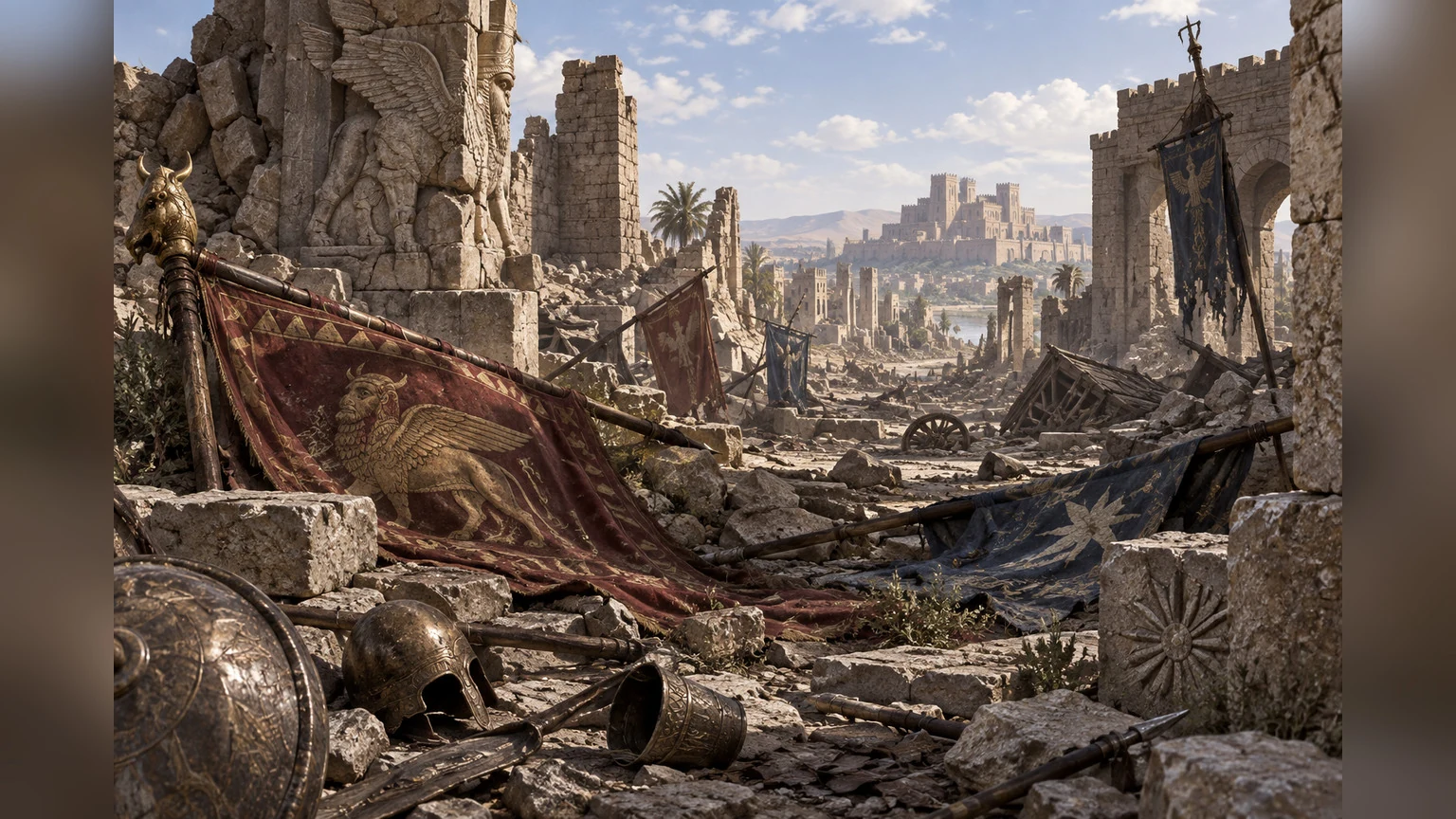 Fallen military banners among empty city ruins make the defeat of oppressors visible.