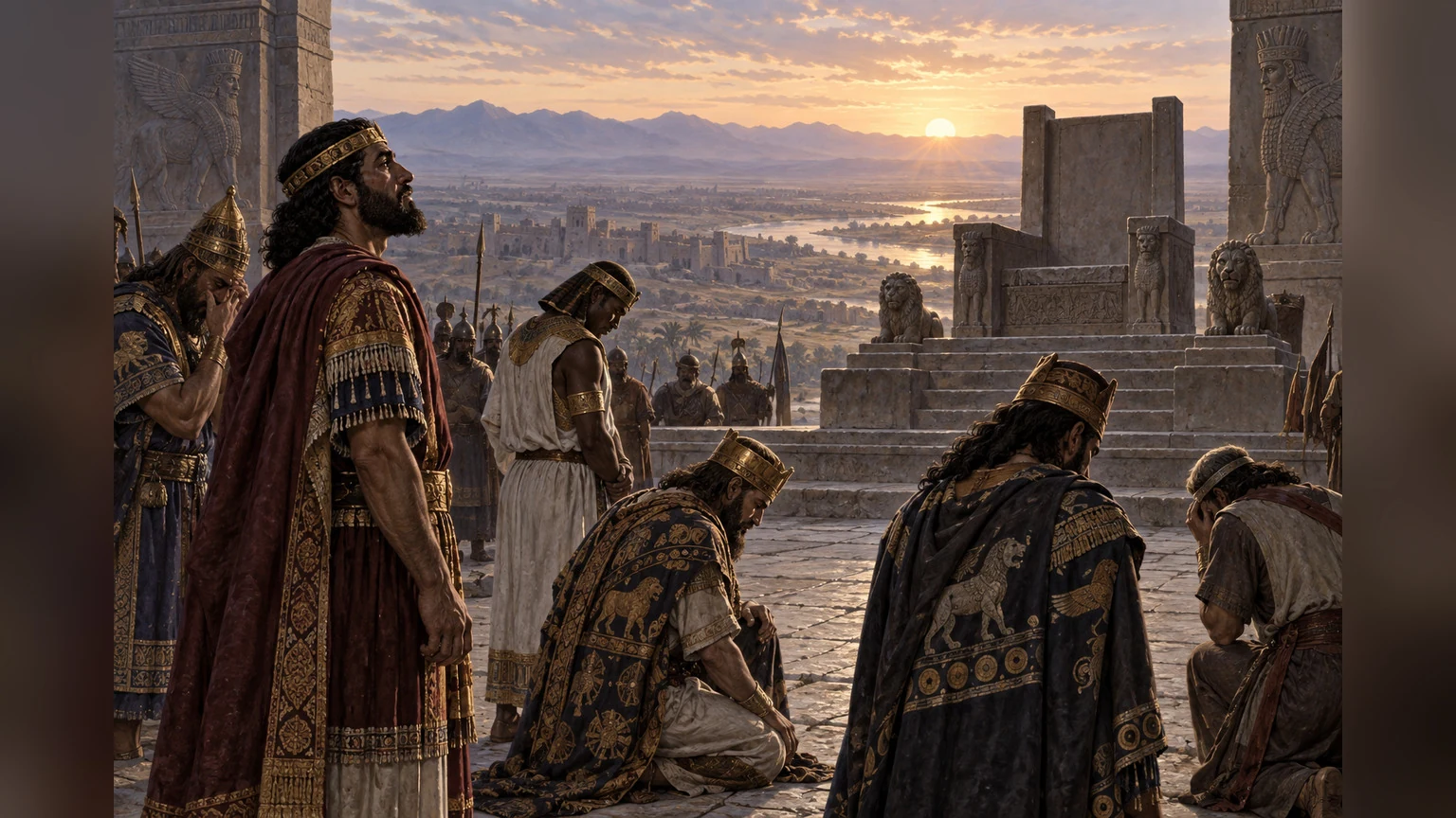 Rulers stand exposed as ordinary mortals before a vast horizon.