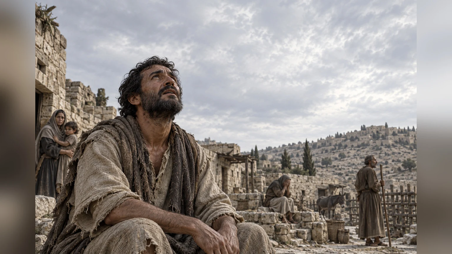 Empty sky above a distressed village: the opening question receives no immediate visual answer.