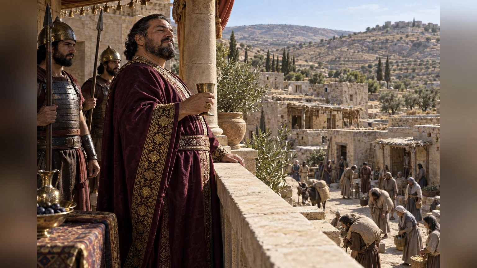 A prosperous oppressor surveys the village from above, insulated by wealth and arrogance.