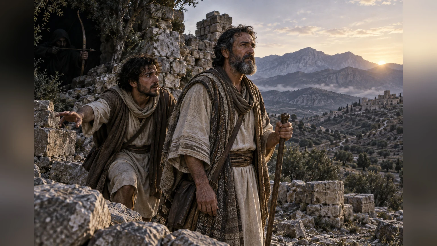 A frightened companion gestures toward distant mountains while a hidden archer threatens unstable ground.