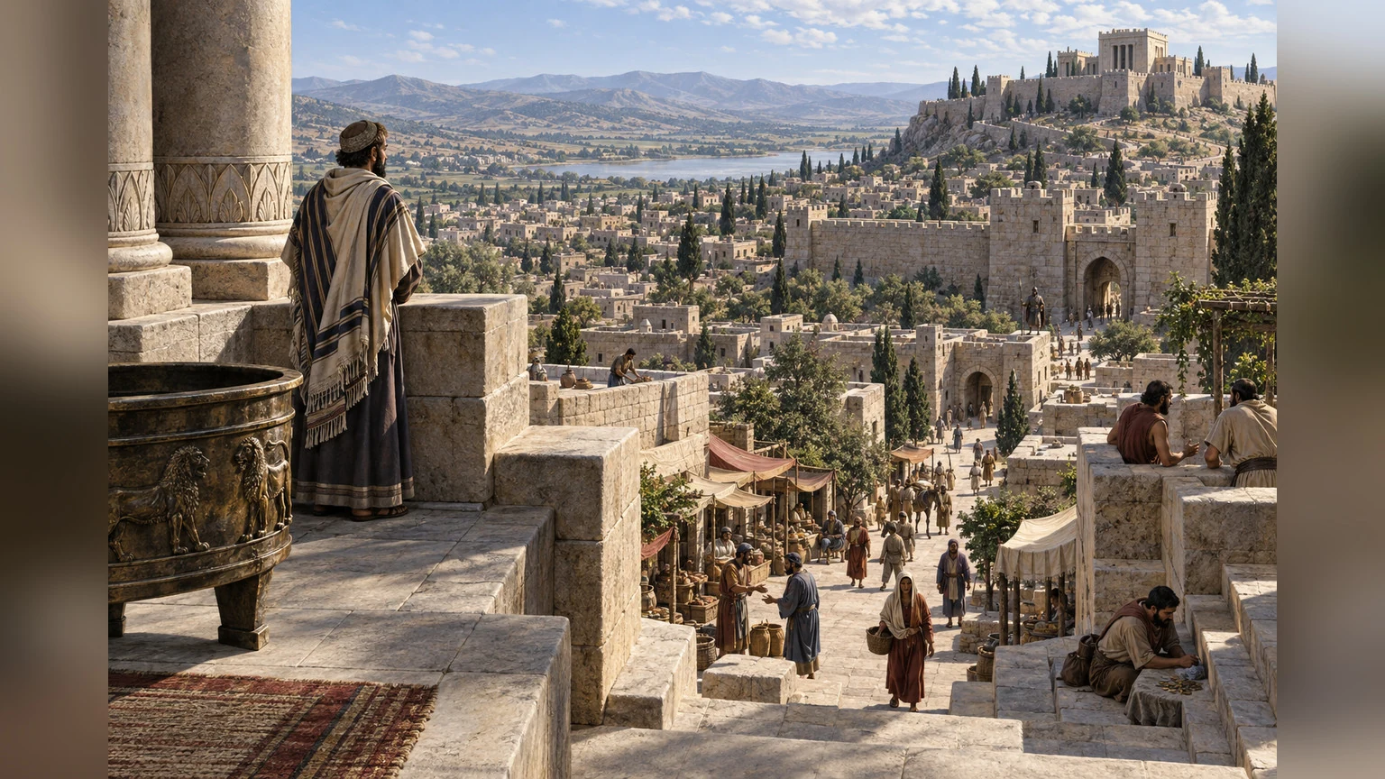 High, still view over the human scene conveys scrutiny from the heavenly sanctuary.