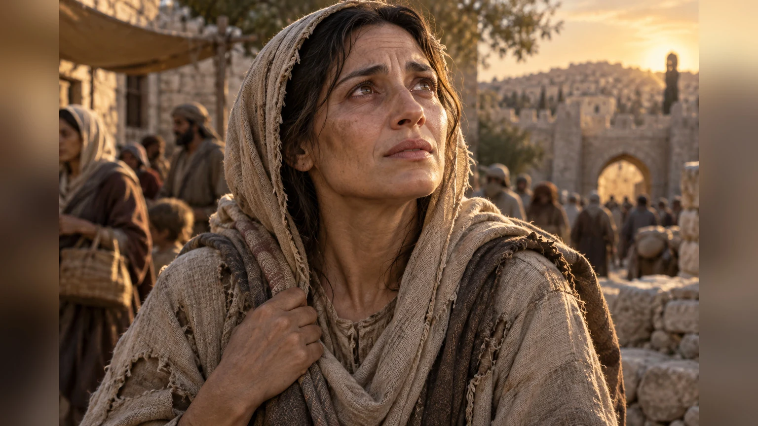 A weary woman in an ancient village looks toward warm light