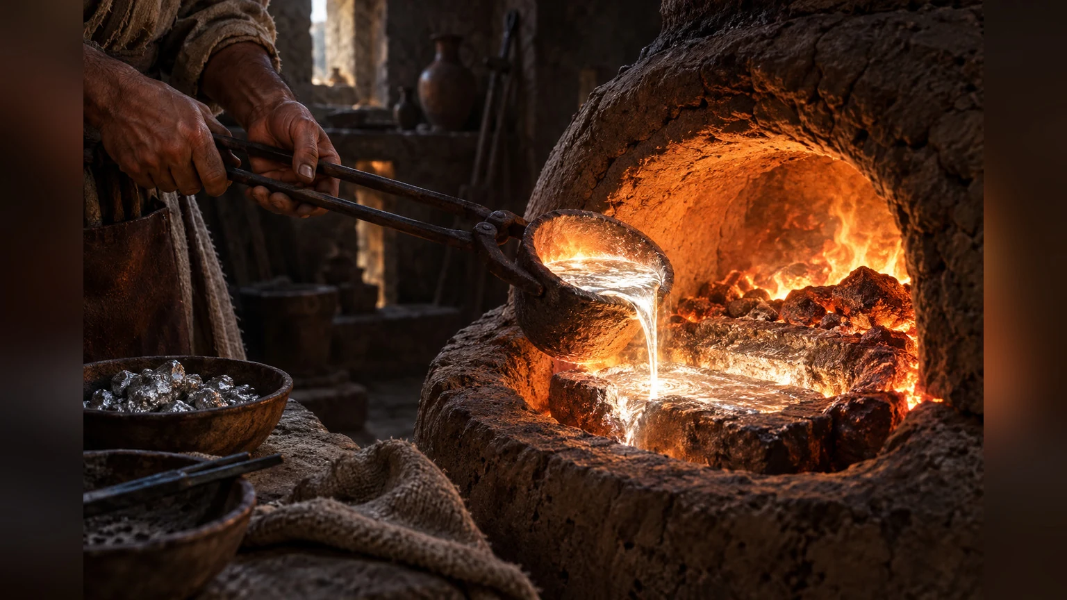 A craftsperson refines glowing silver in an earthen furnace