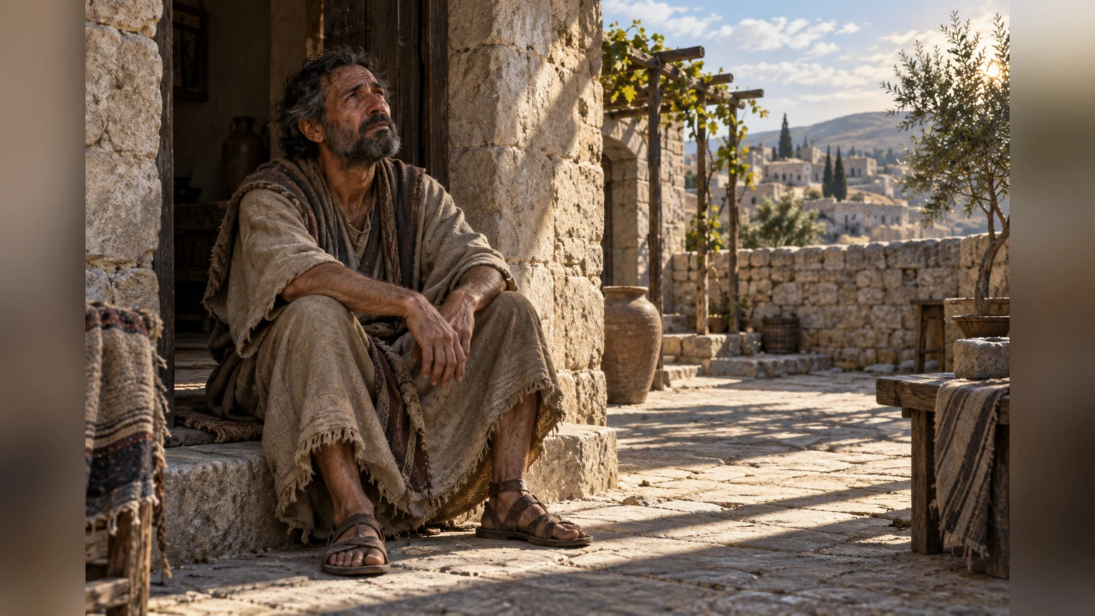 A weary man waits at the threshold of a stone dwelling