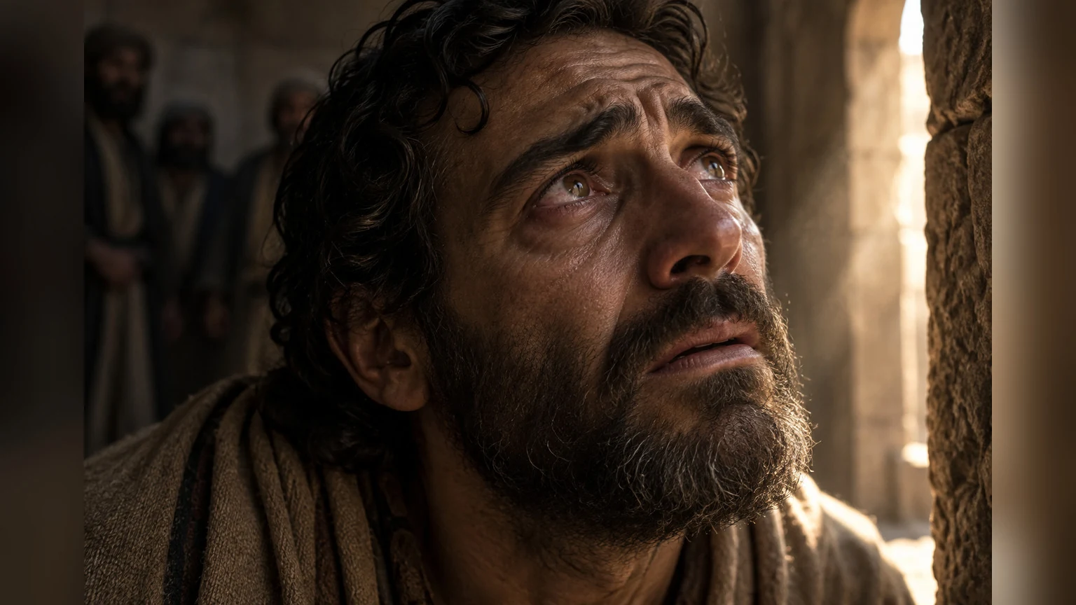 The same man's tired eyes turn toward a narrow shaft of light