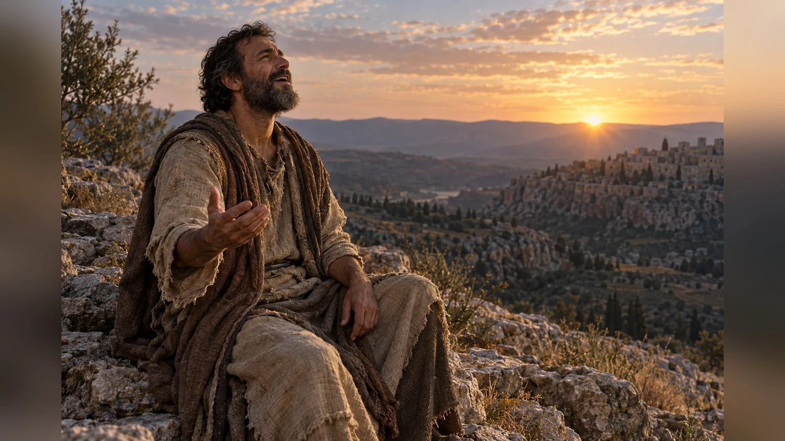 The man begins to sing at dawn while still alone on a rocky overlook