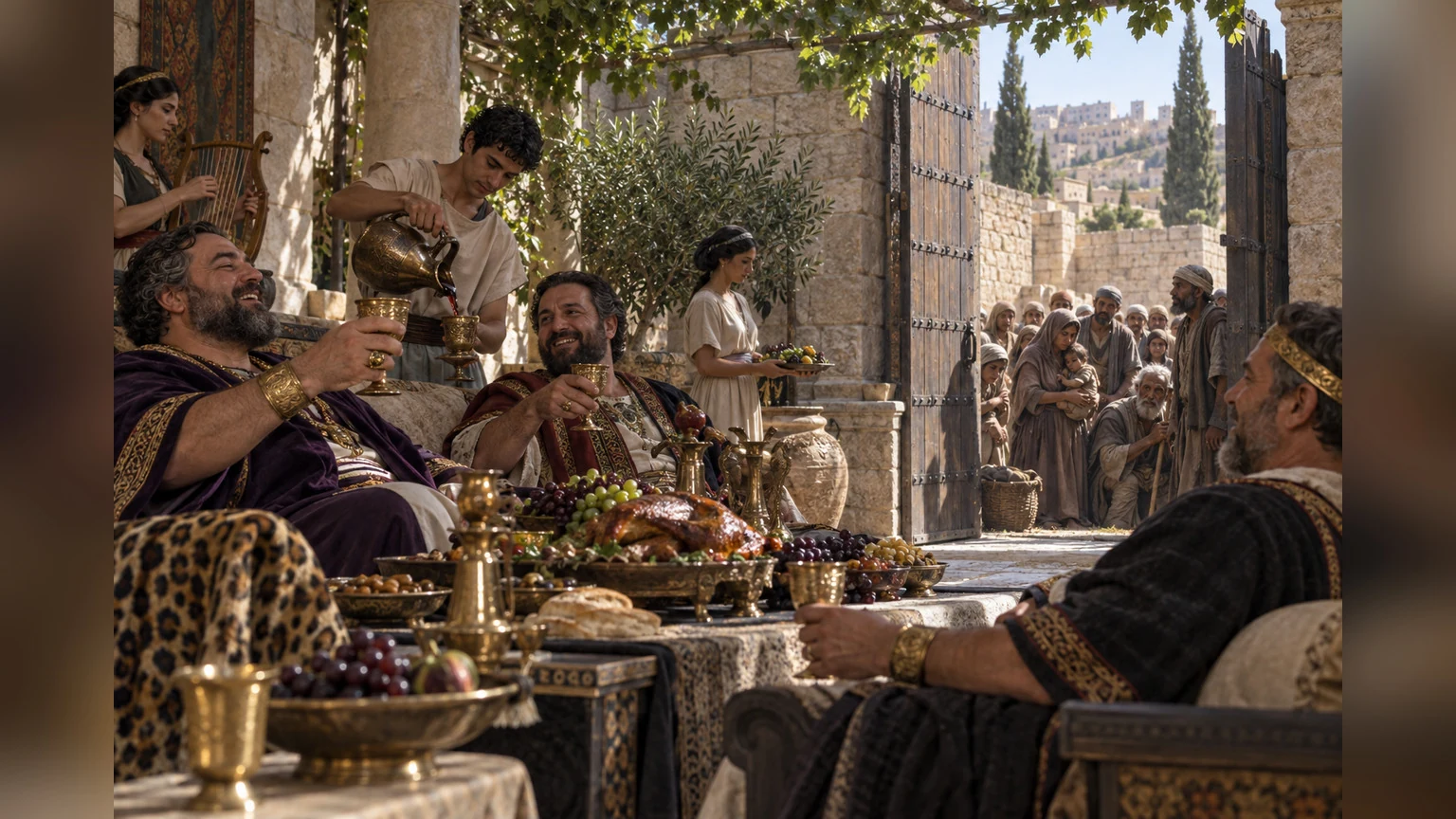 Wealthy people feast while poor neighbors wait beyond the courtyard gate