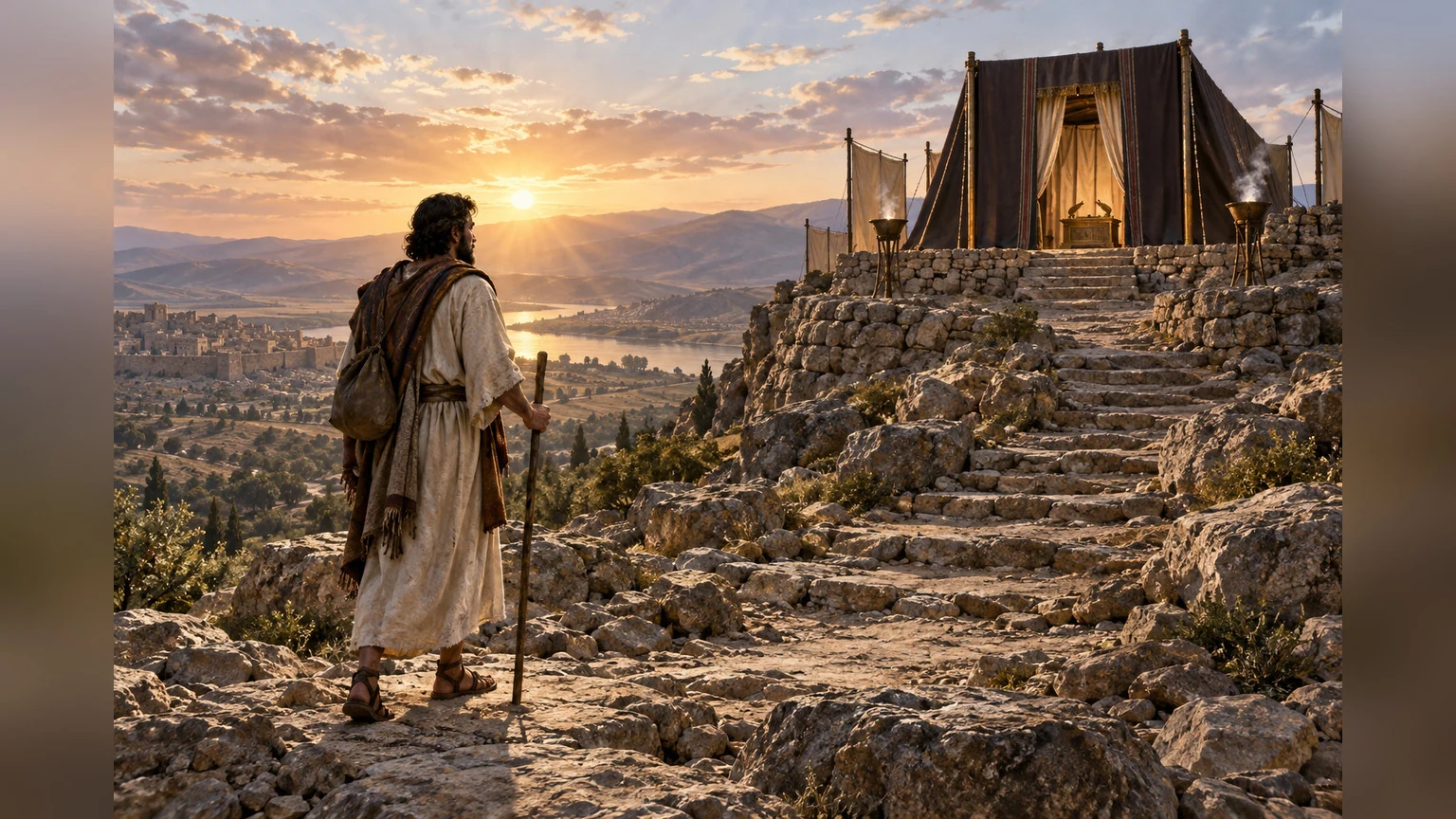 A pilgrim pauses before a sanctuary tent on a mountain at sunrise