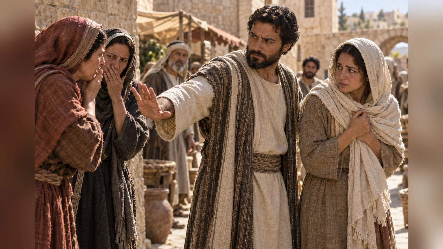 A person stops gossip and protects a neighbor in an ancient street