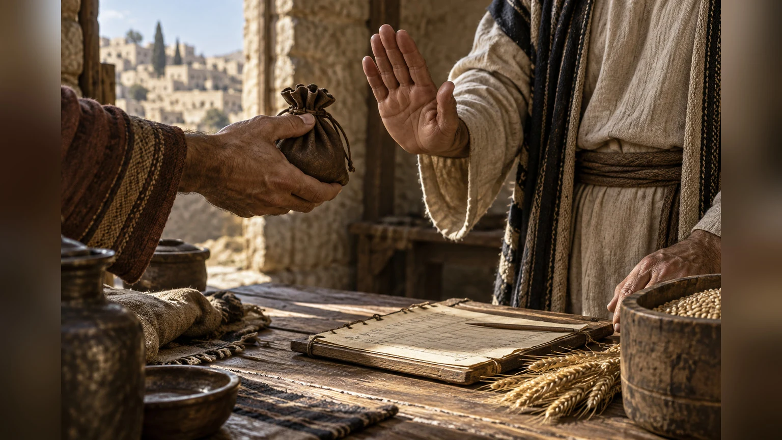 Close hands refuse a pouch of money beside a grain measure