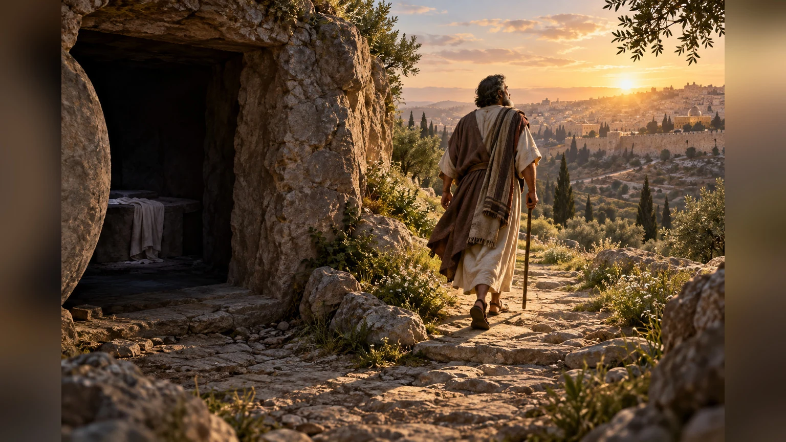 The worshiper walks away from a grave's shadow toward morning light