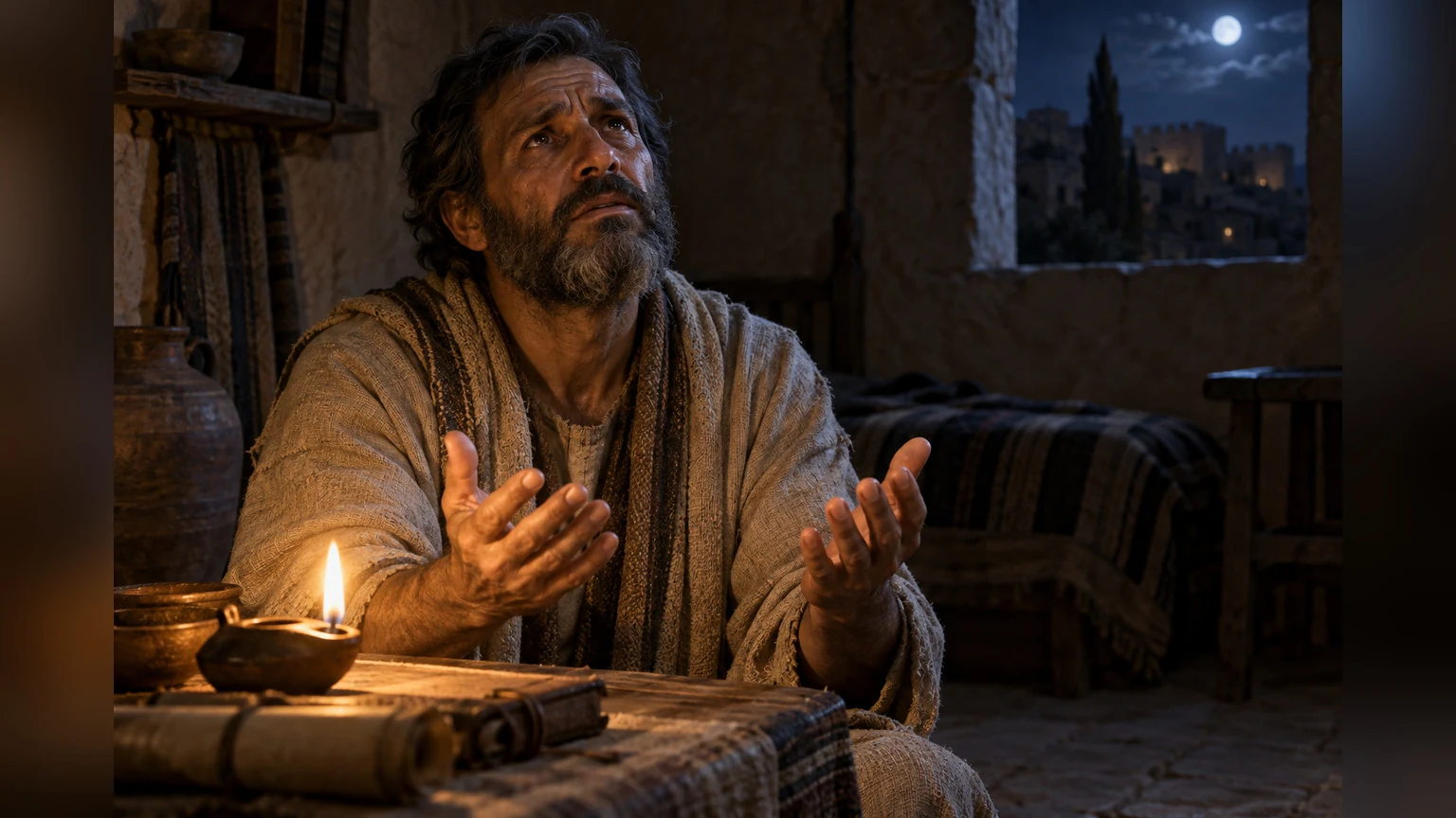 A petitioner prays with open hands by lamplight at night