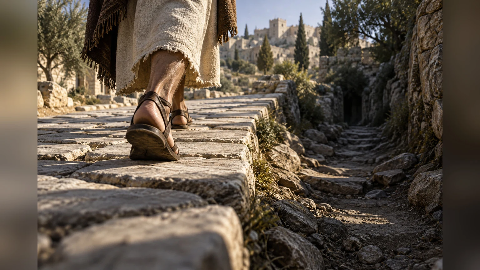 Careful sandals follow a firm stone path beside a rough shortcut
