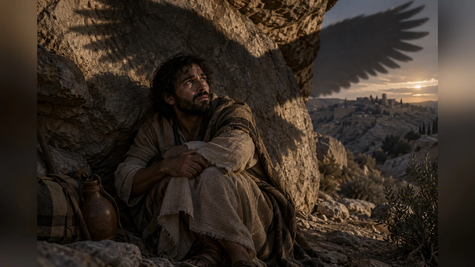 A traveler shelters beneath a rock as a bird's wing shadow falls across it