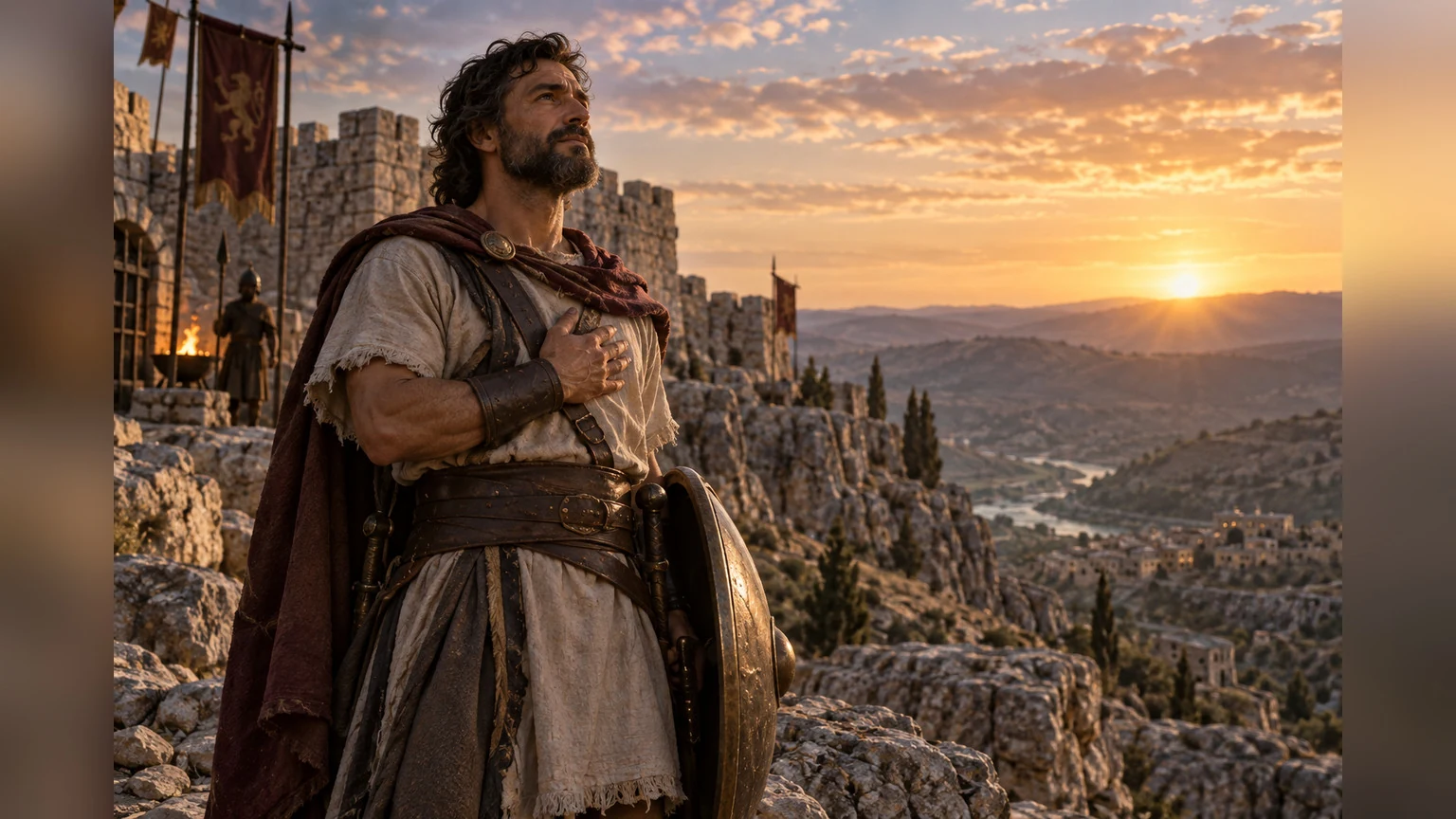David stands grateful within a rocky stronghold at sunrise