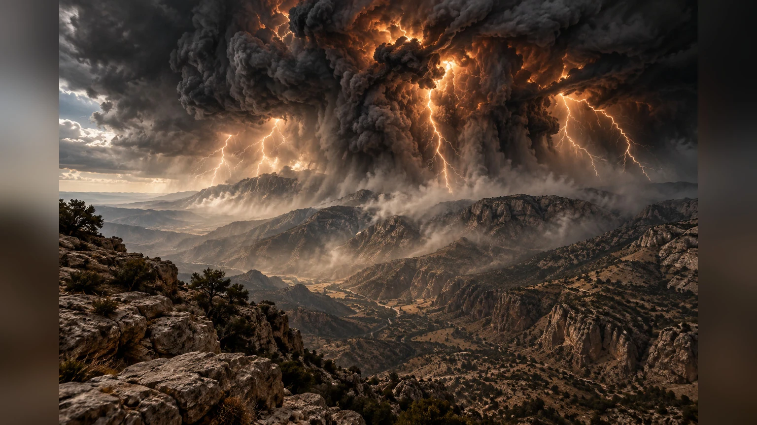 Mountains shake under smoke-dark storm clouds
