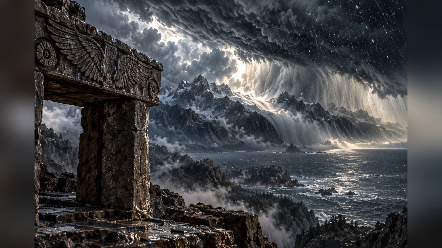 A vast storm moves over dark water beyond an ancient winged carving