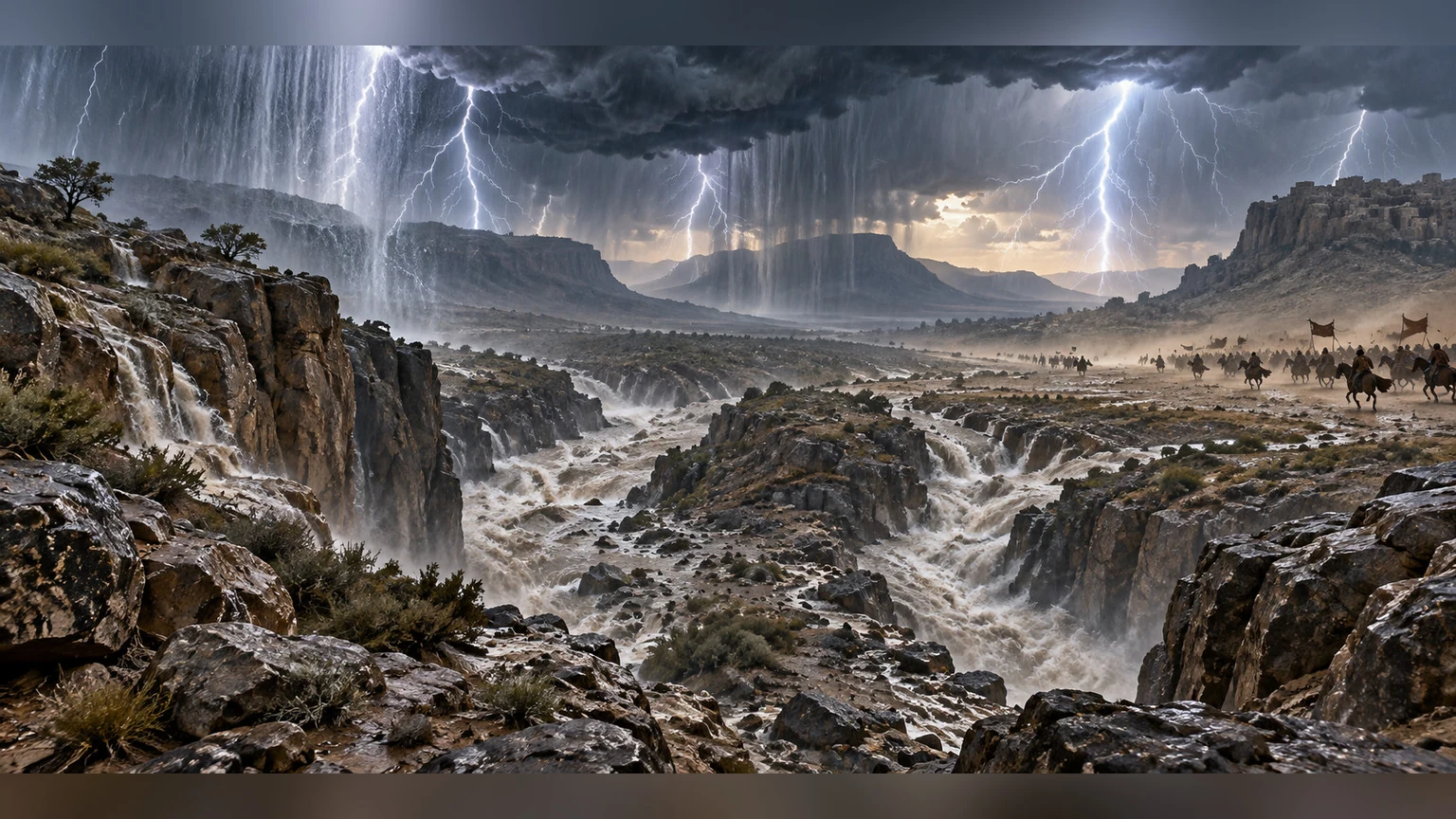 Lightning reveals deep channels in a storm-torn valley