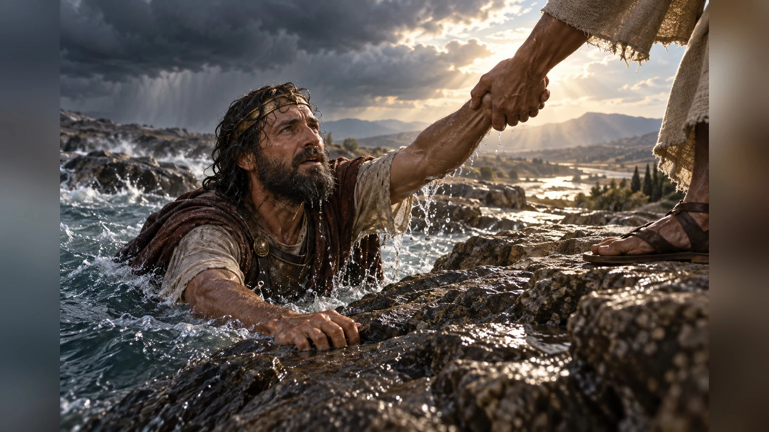 A hand pulls David from deep water toward open ground