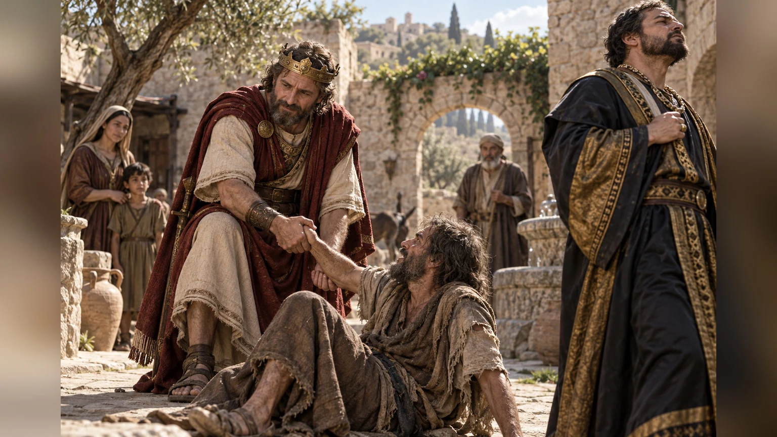 David helps an afflicted neighbor rise as a wealthy man turns away
