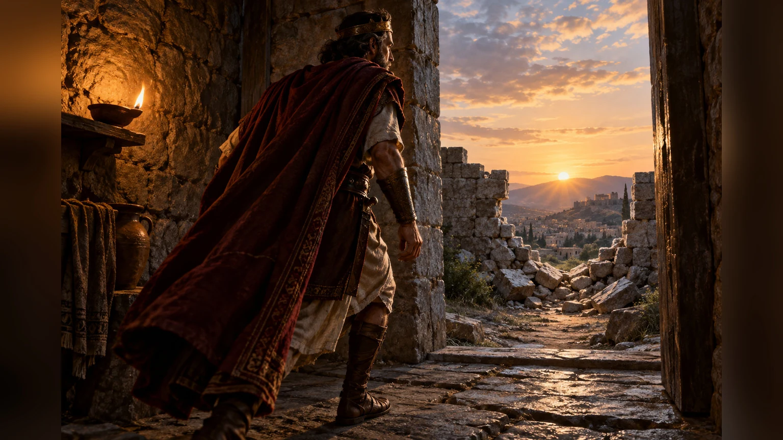 A lamp lights David's passage toward a breached wall and dawn